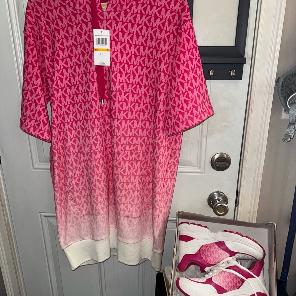 Michael Kors Dragon Fruit Pink Logo Dress and Matching Wedged Sneakers